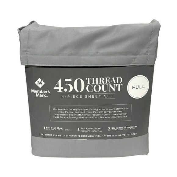 Member's Mark 450-Thread-Count Solid Sheet Full Set Color Soft Silver - Picture 10 of 11